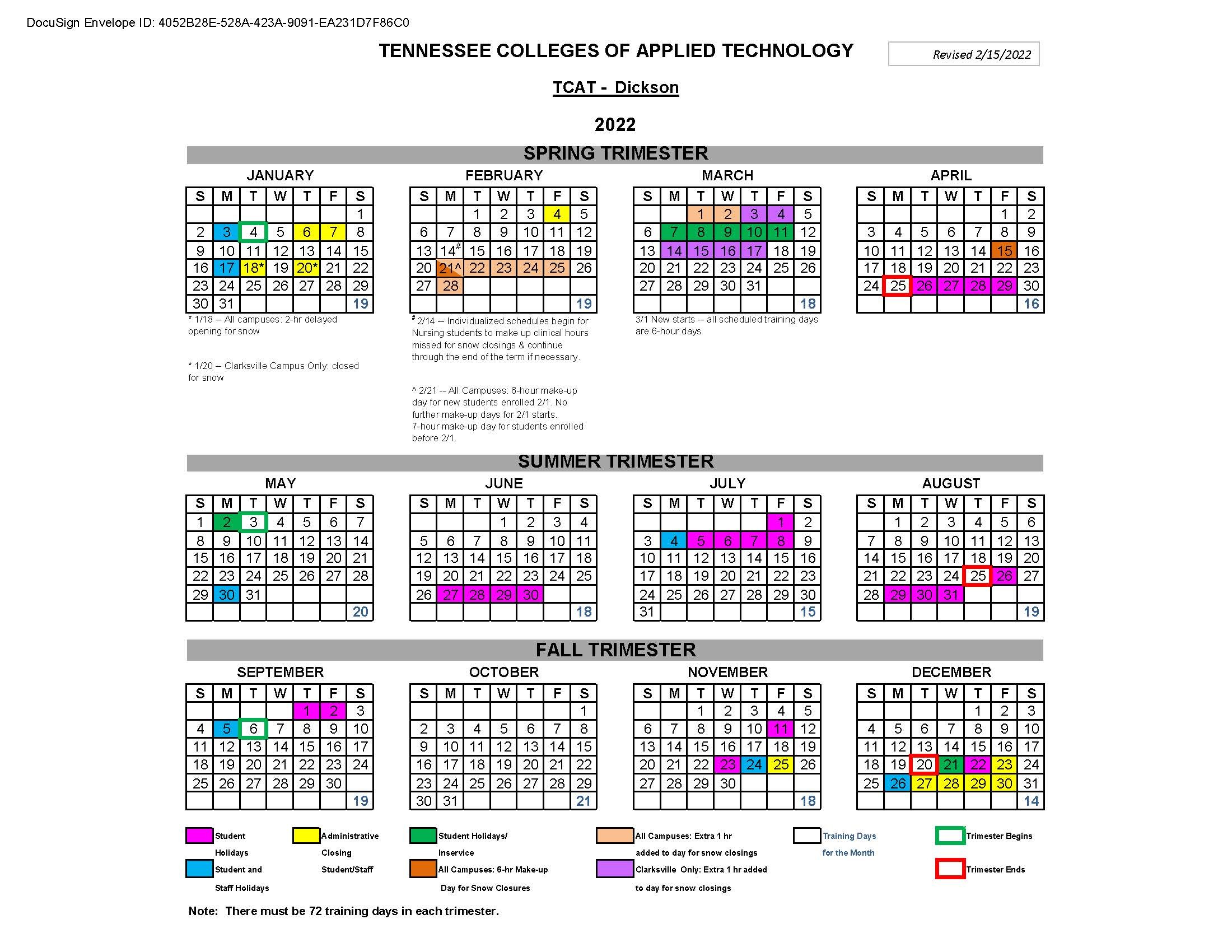 2022 TCAT Dickson Operating Calendar REVISED TCAT Dickson